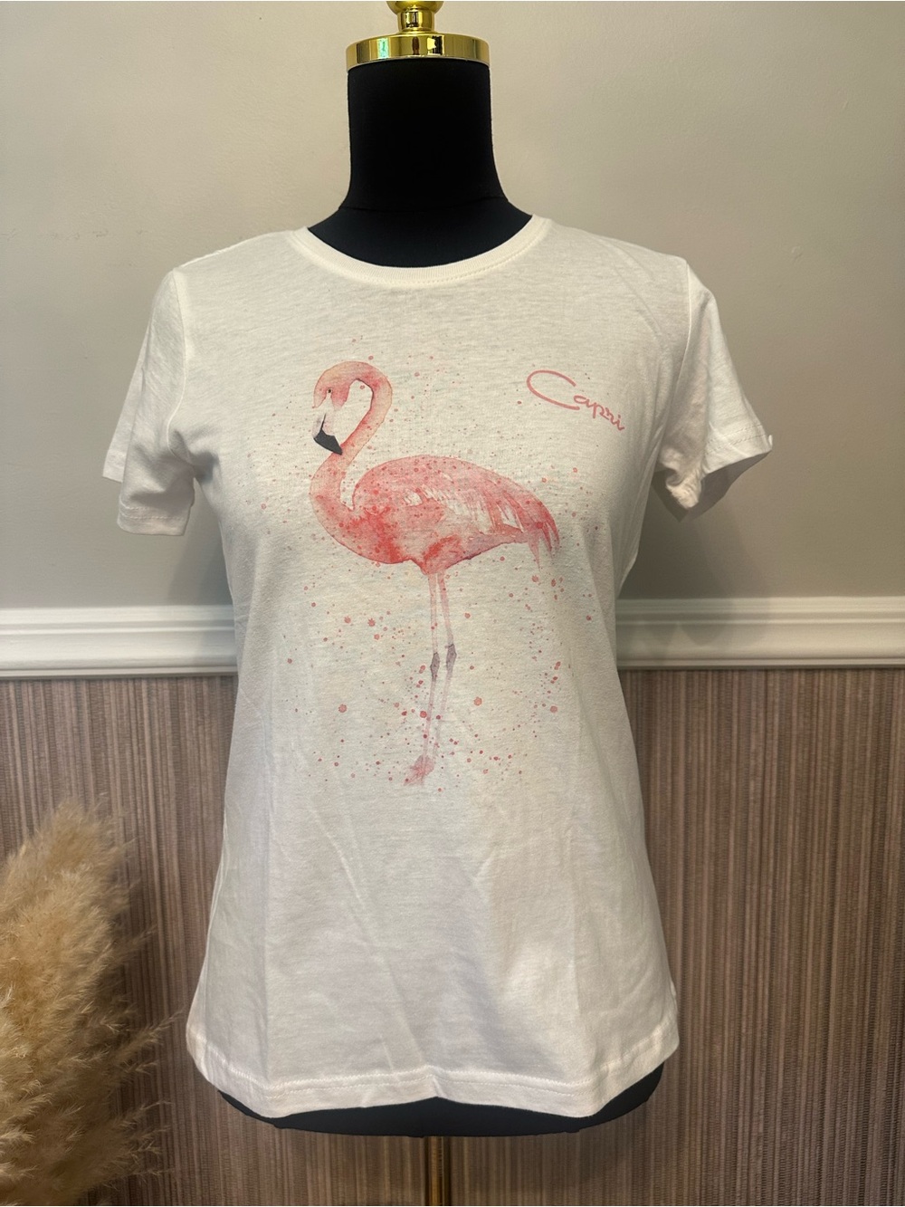 Capri Flamingo Graphic Tee White Short Sleeve T-Shirt Size Medium